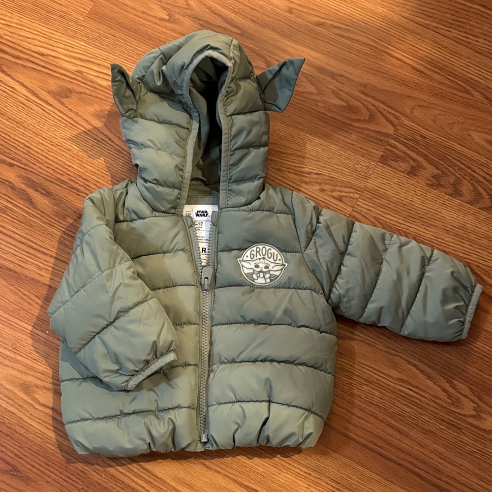 Gap Kids Green Puffer Baby Yoda Jacket, 6-12 Months